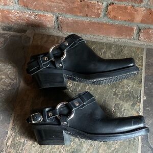 Frye Black Leather Mules with Silver Accents
